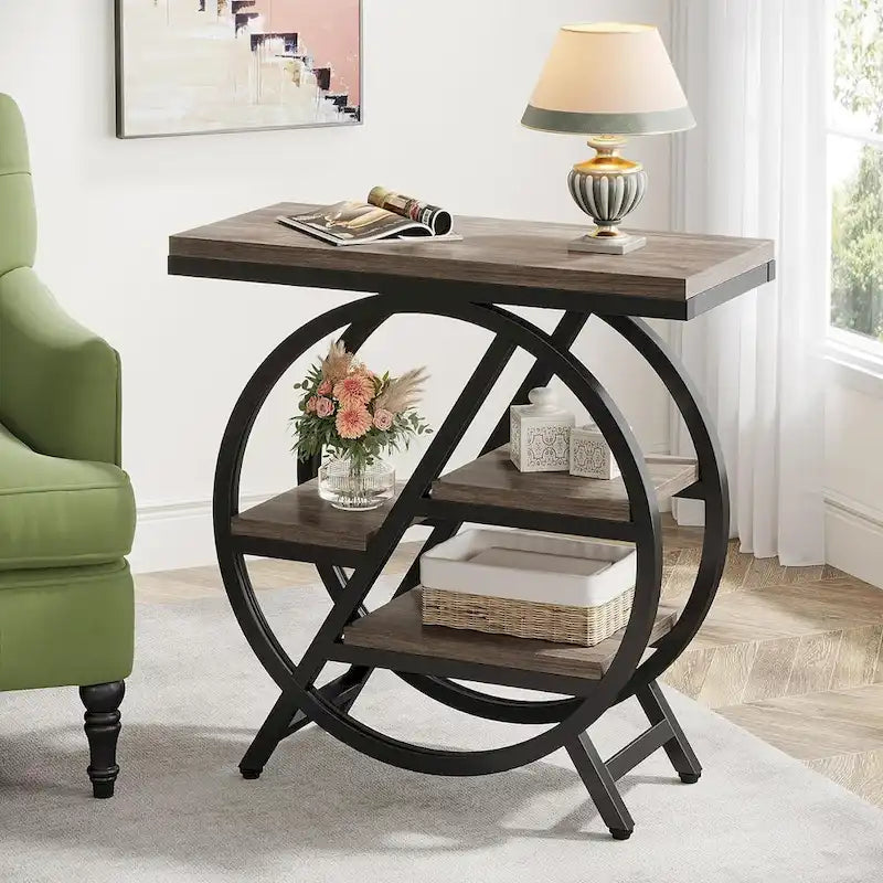 Table d'appoint ronde à 3 niveaux avec étagères de rangement ouvertes, marron et blanc