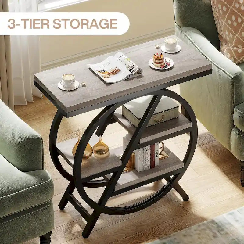 Table d'appoint ronde à 3 niveaux avec étagères de rangement ouvertes, marron et blanc