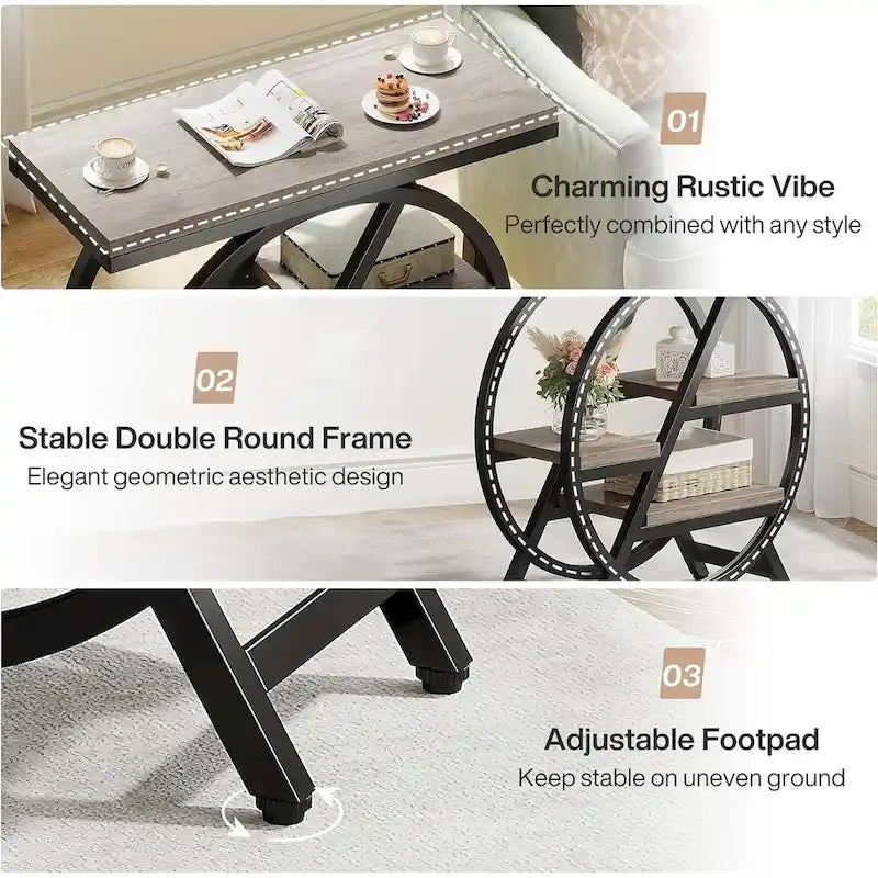 Table d'appoint ronde à 3 niveaux avec étagères de rangement ouvertes, marron et blanc