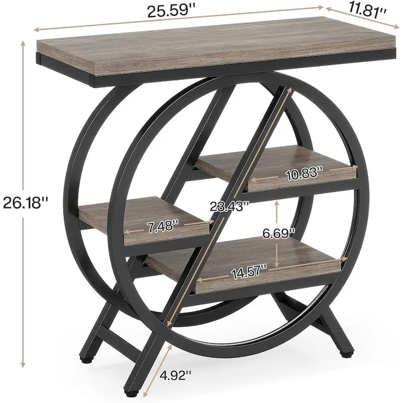 Table d'appoint ronde à 3 niveaux avec étagères de rangement ouvertes, marron et blanc