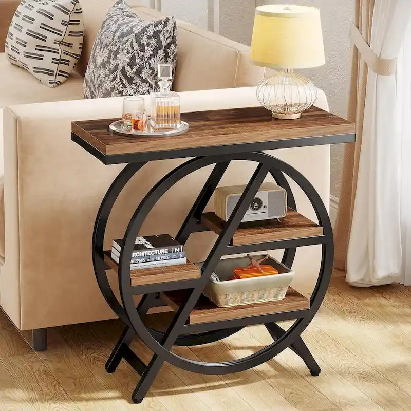 Table d'appoint ronde à 3 niveaux avec étagères de rangement ouvertes, marron et blanc