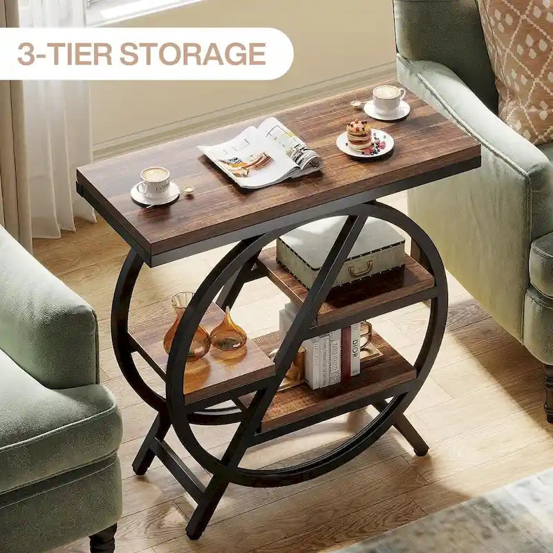 Table d'appoint ronde à 3 niveaux avec étagères de rangement ouvertes, marron et blanc