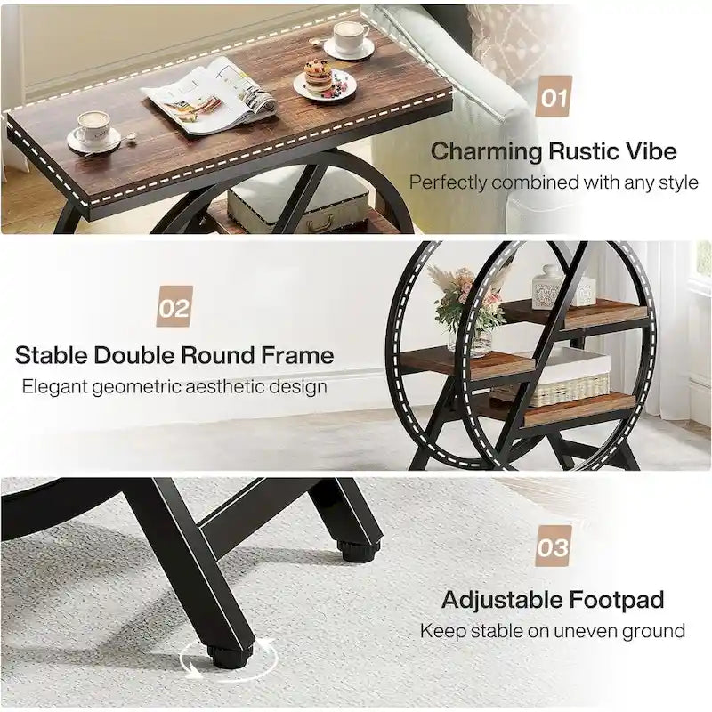 Table d'appoint ronde à 3 niveaux avec étagères de rangement ouvertes, marron et blanc