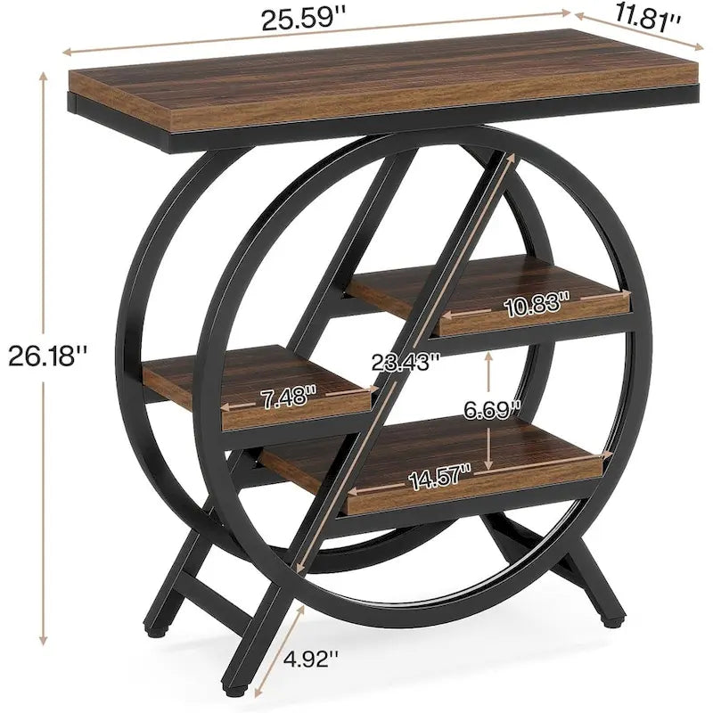 Table d'appoint ronde à 3 niveaux avec étagères de rangement ouvertes, marron et blanc