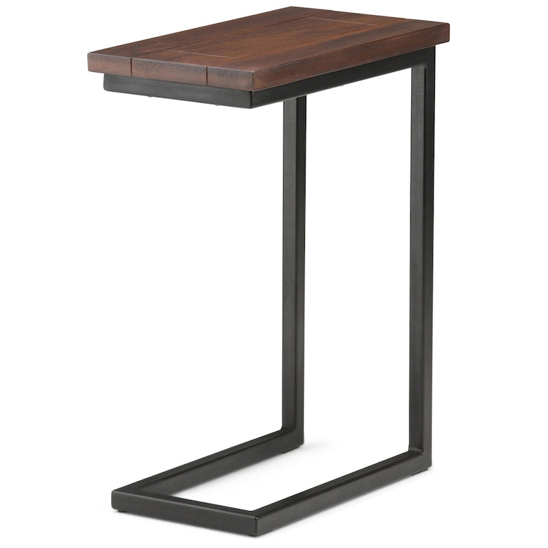 Table d'appoint industrielle en C avec piètement luge en métal et plateau en bois