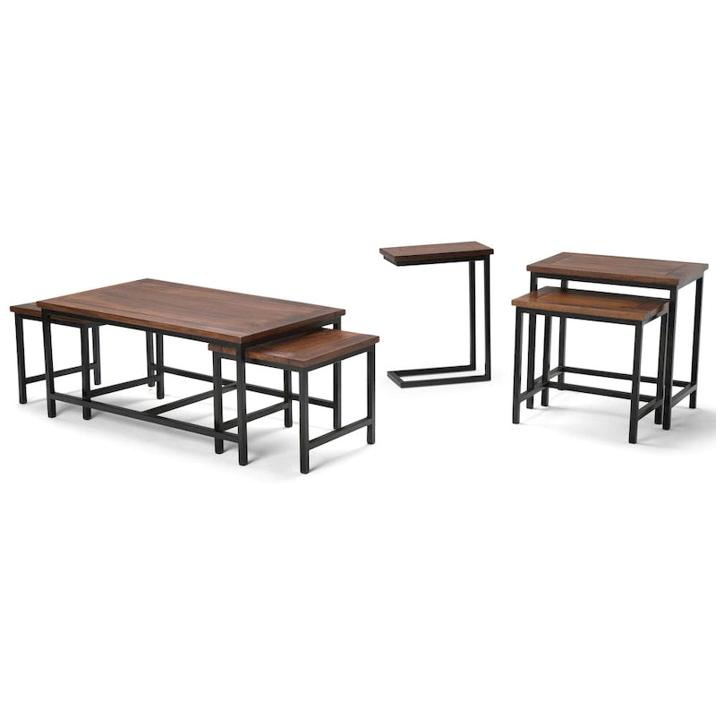 Table d'appoint industrielle en C avec piètement luge en métal et plateau en bois