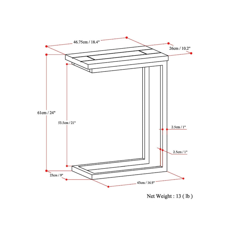 Table d'appoint industrielle en C avec piètement luge en métal et plateau en bois