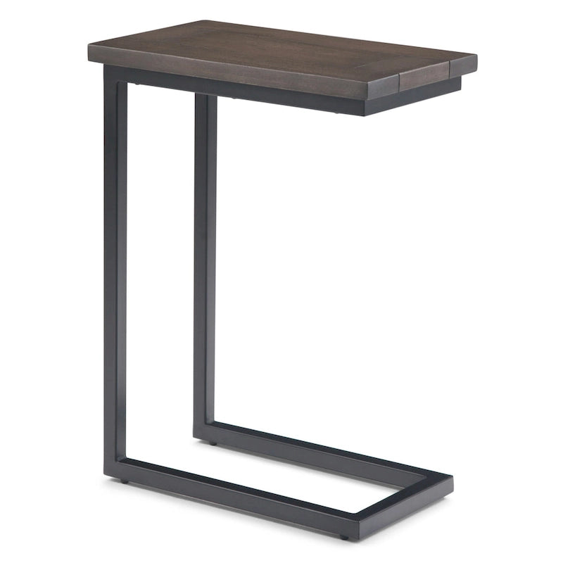 Table d'appoint industrielle en C avec piètement luge en métal et plateau en bois