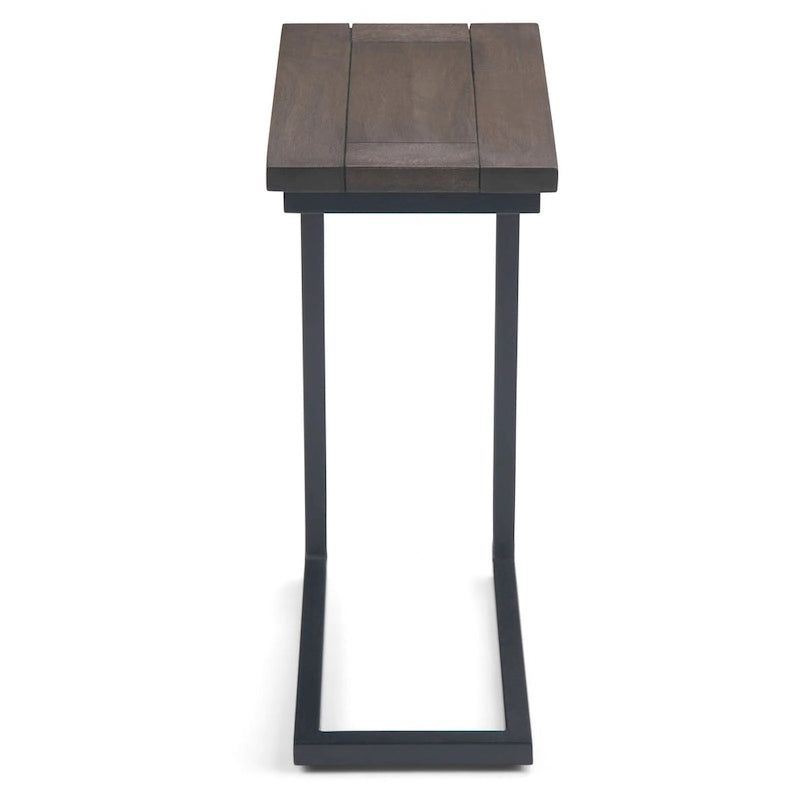 Table d'appoint industrielle en C avec piètement luge en métal et plateau en bois