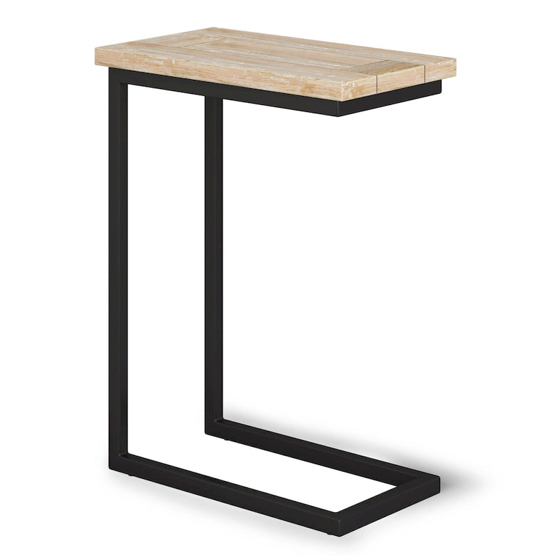 Table d'appoint industrielle en C avec piètement luge en métal et plateau en bois
