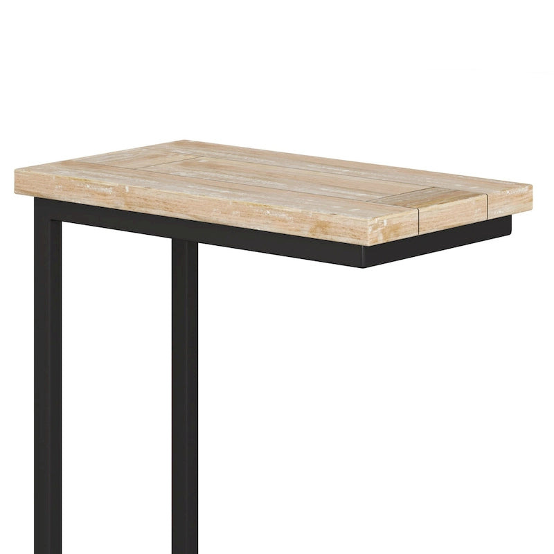 Table d'appoint industrielle en C avec piètement luge en métal et plateau en bois