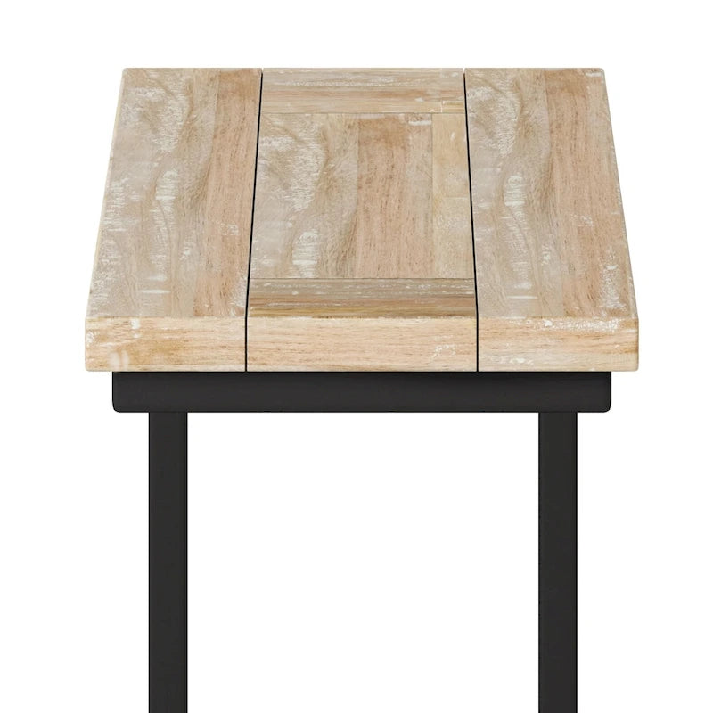 Table d'appoint industrielle en C avec piètement luge en métal et plateau en bois