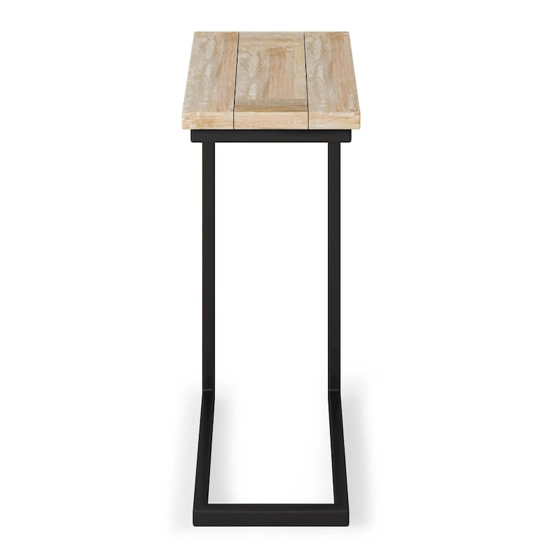 Table d'appoint industrielle en C avec piètement luge en métal et plateau en bois