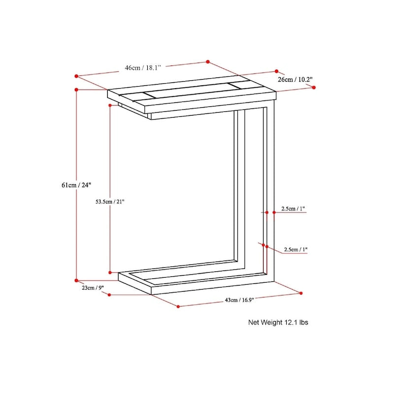 Table d'appoint industrielle en C avec piètement luge en métal et plateau en bois