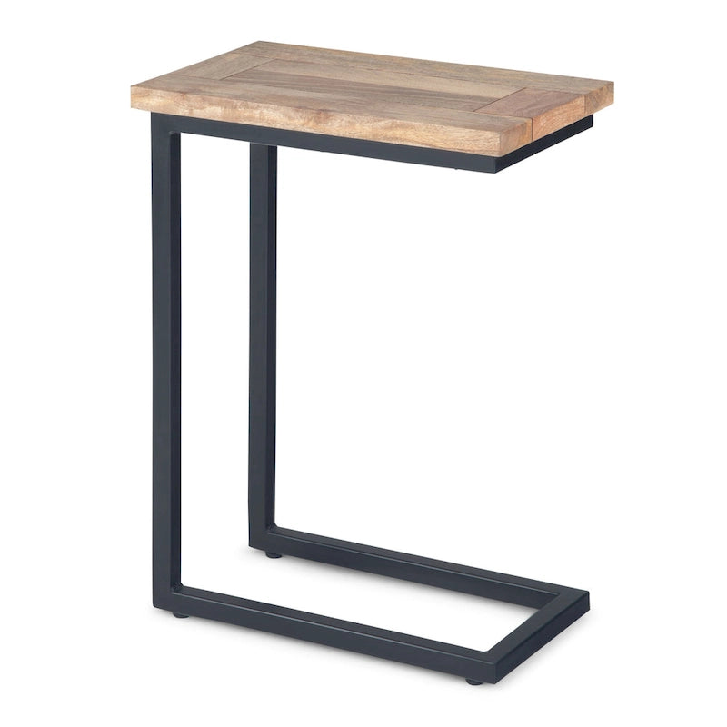 Table d'appoint industrielle en C avec piètement luge en métal et plateau en bois