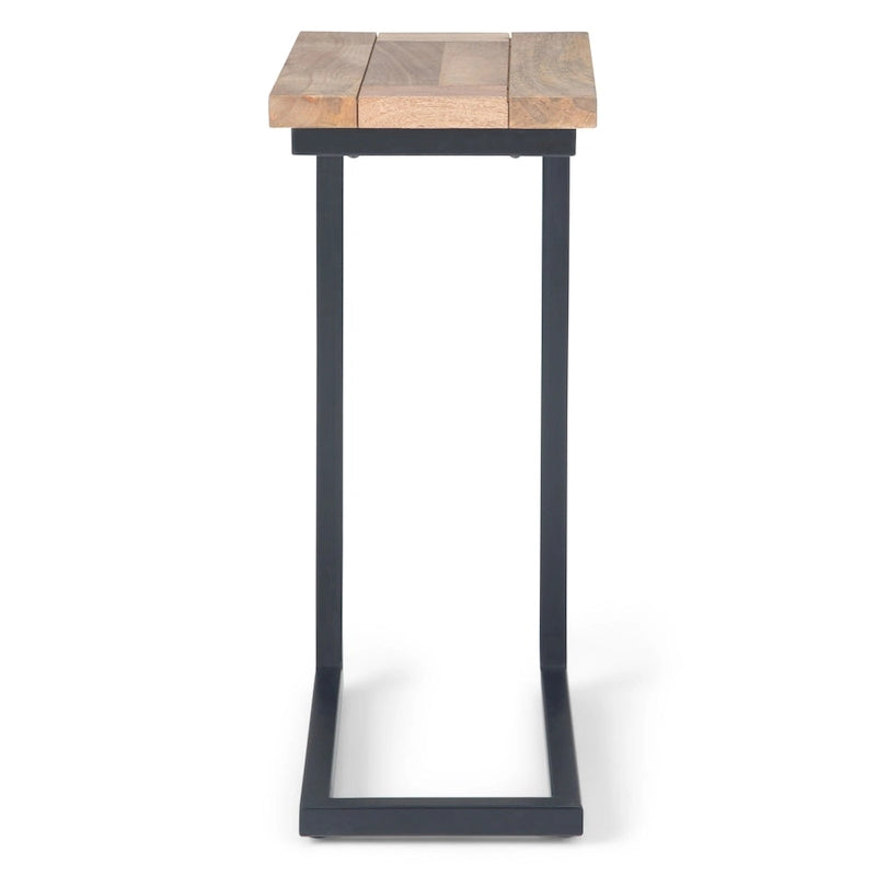 Table d'appoint industrielle en C avec piètement luge en métal et plateau en bois