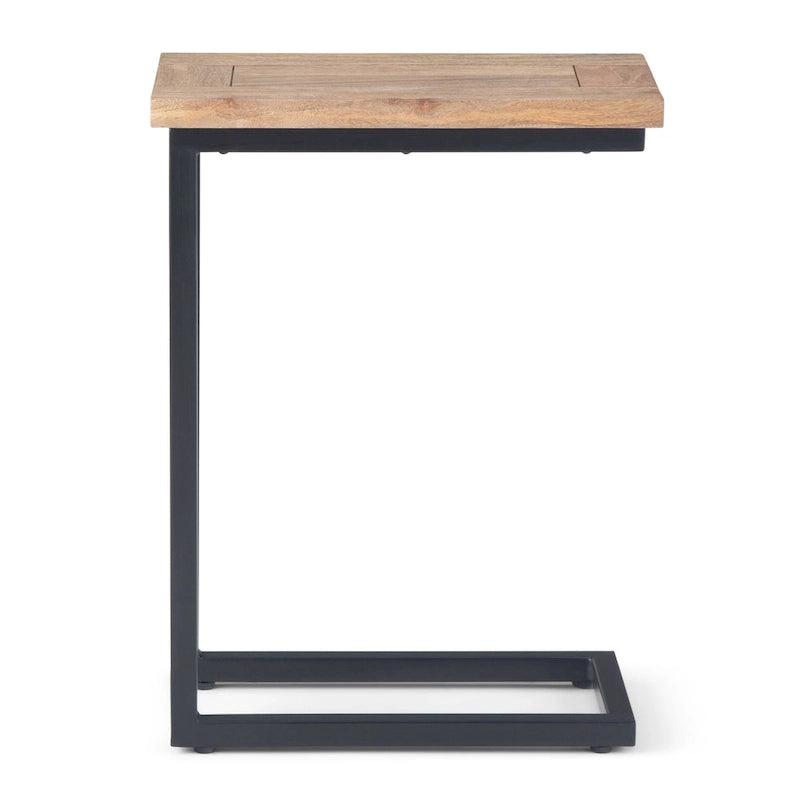 Table d'appoint industrielle en C avec piètement luge en métal et plateau en bois