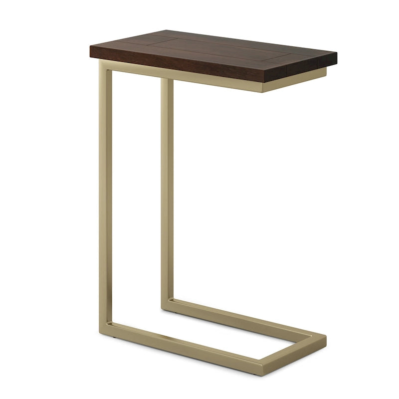 Table d'appoint industrielle en C avec piètement luge en métal et plateau en bois