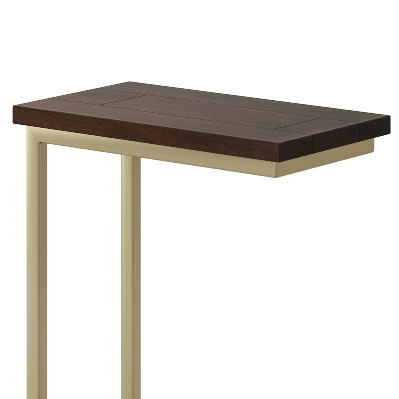 Table d'appoint industrielle en C avec piètement luge en métal et plateau en bois
