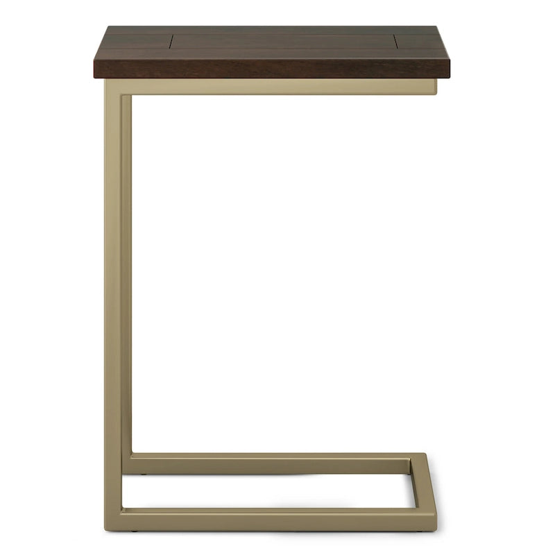 Table d'appoint industrielle en C avec piètement luge en métal et plateau en bois