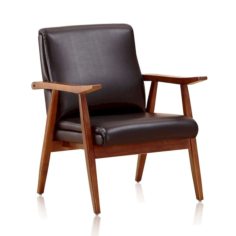 Fauteuil d'appoint noir en similicuir style Mid-Century Modern avec cadre en bois de hêtre