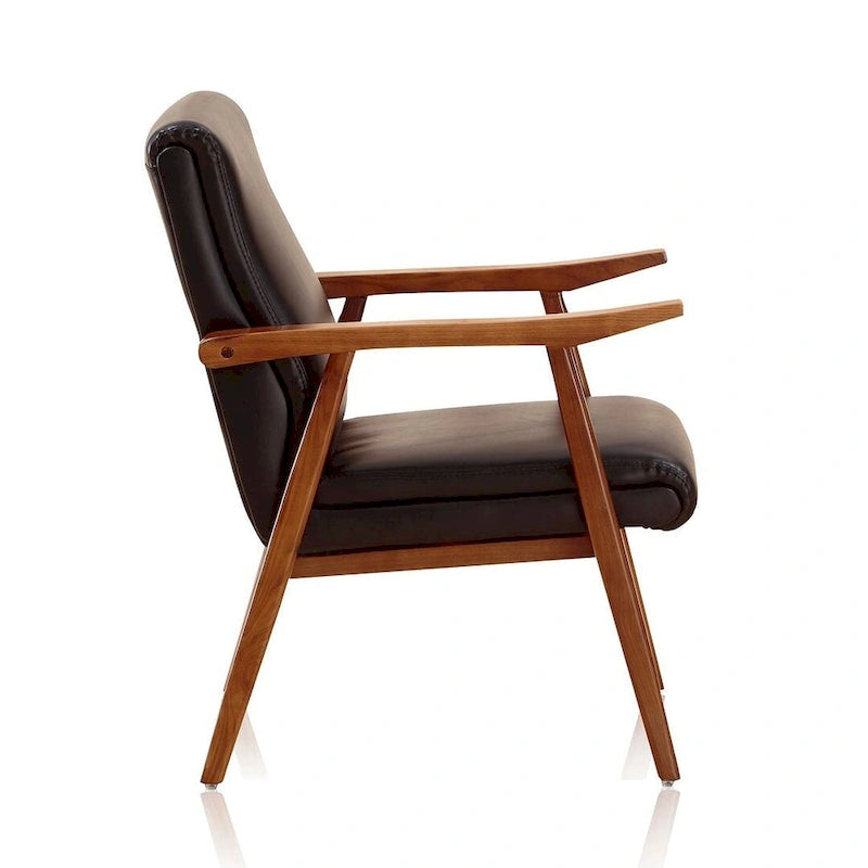 Fauteuil d'appoint noir en similicuir style Mid-Century Modern avec cadre en bois de hêtre