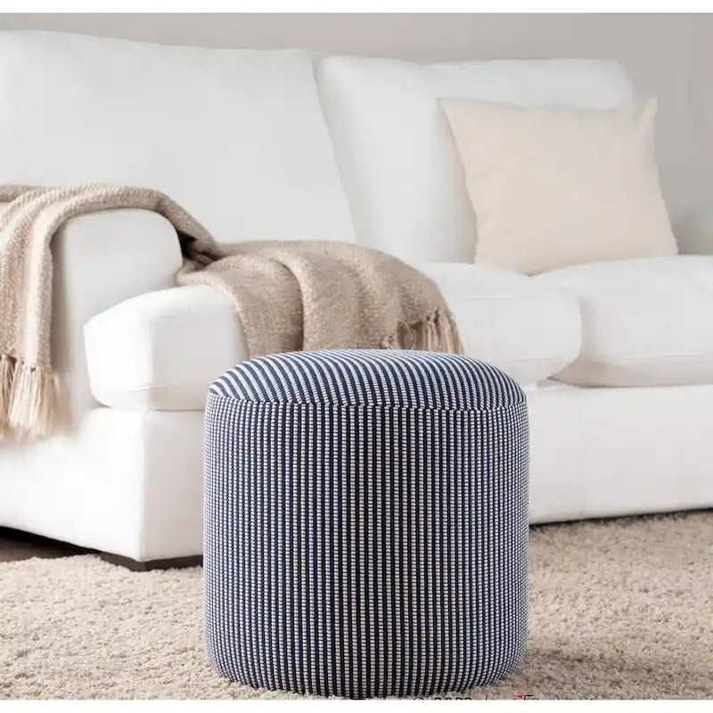 Pouf en coton tricoté rond avec rembourrage en mousse, gris et bleu