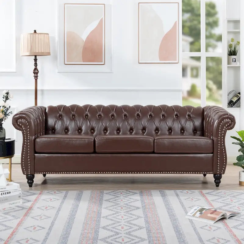 Canapé Chesterfield 3 places en similicuir avec dossier capitonné et clous décoratifs