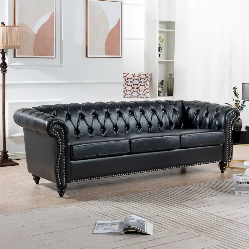 Canapé Chesterfield 3 places en similicuir avec dossier capitonné et clous décoratifs