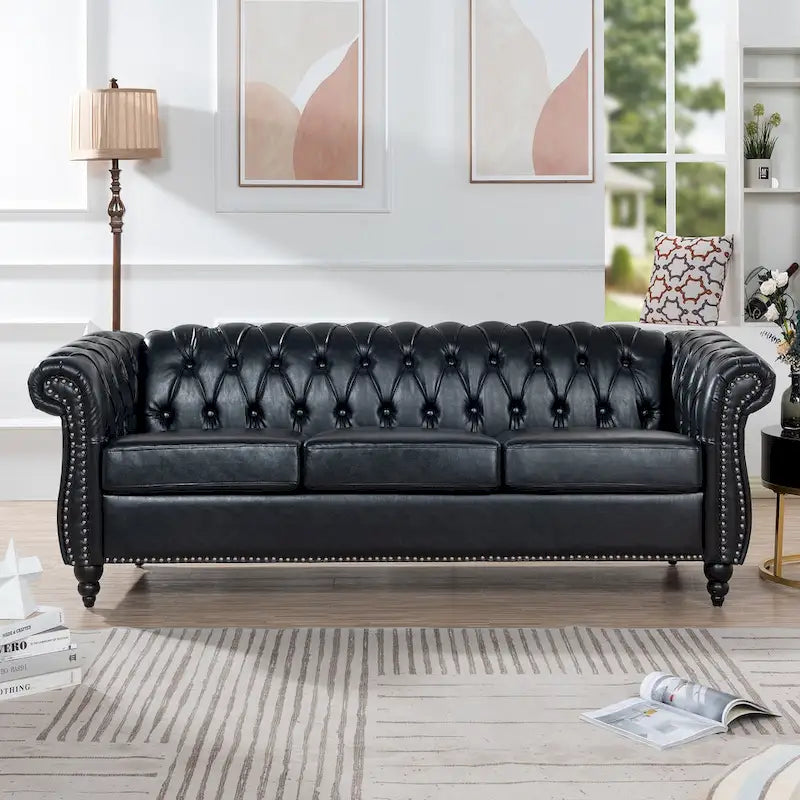 Canapé Chesterfield 3 places en similicuir avec dossier capitonné et clous décoratifs