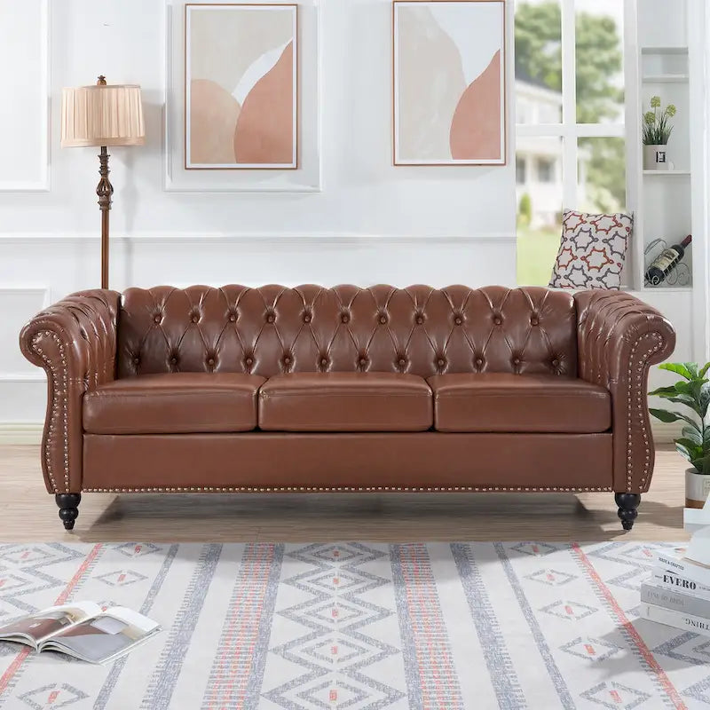 Canapé Chesterfield 3 places en similicuir avec dossier capitonné et clous décoratifs
