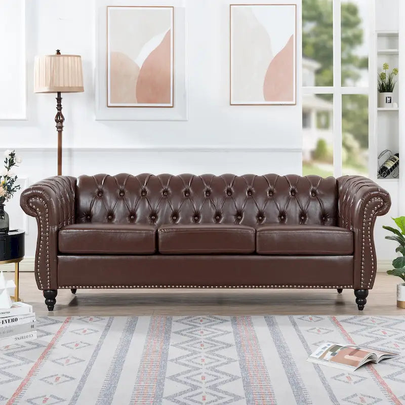 Canapé Chesterfield 3 places en similicuir avec dossier capitonné et clous décoratifs
