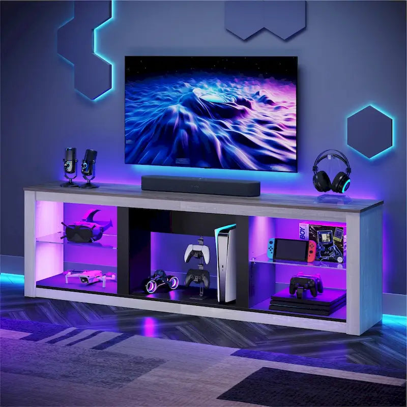Meuble TV LED avec étagères en verre trempé, placard ouvert et éclairage RGB