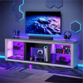 Meuble TV LED avec étagères en verre trempé, placard ouvert et éclairage RGB