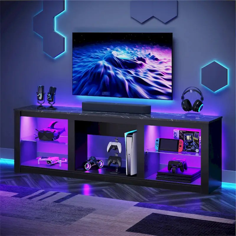 Meuble TV LED avec étagères en verre trempé, placard ouvert et éclairage RGB