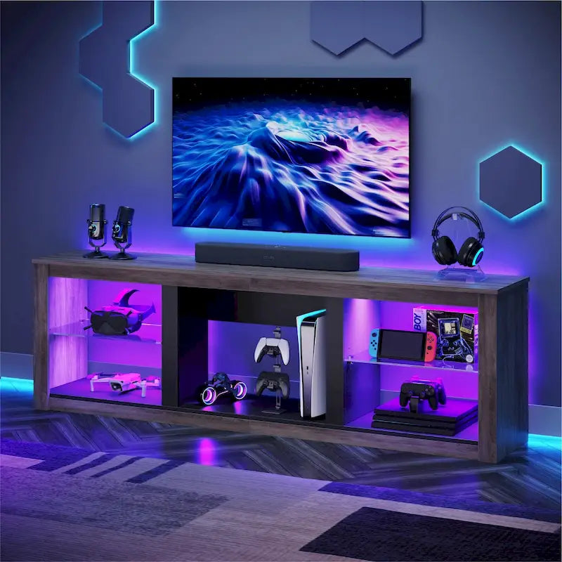 Meuble TV LED avec étagères en verre trempé, placard ouvert et éclairage RGB