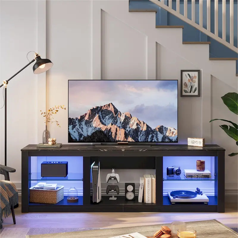Meuble TV LED avec étagères en verre trempé, placard ouvert et éclairage RGB