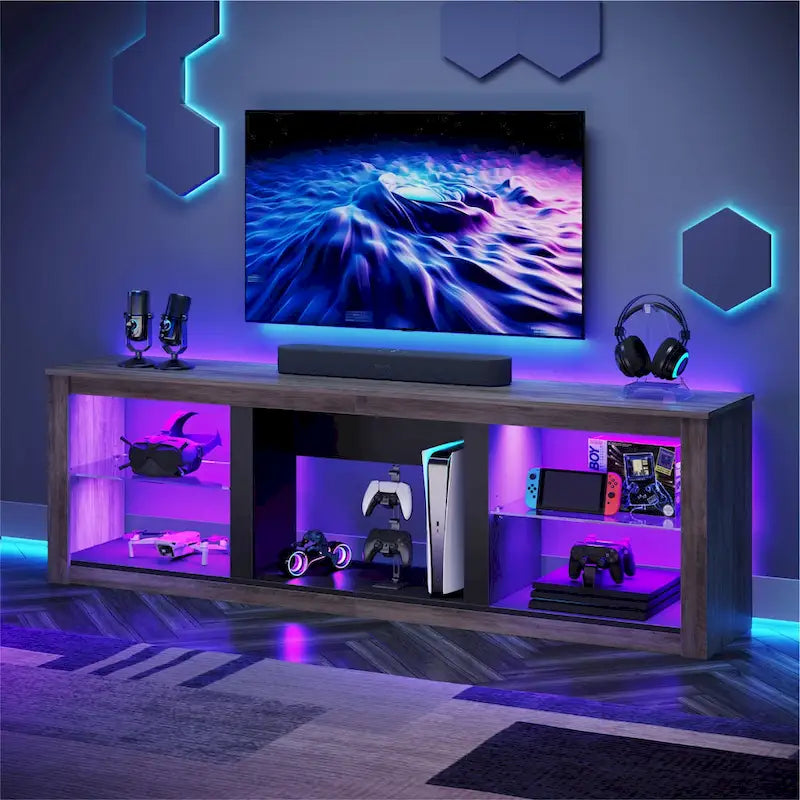 Meuble TV LED avec étagères en verre trempé, placard ouvert et éclairage RGB