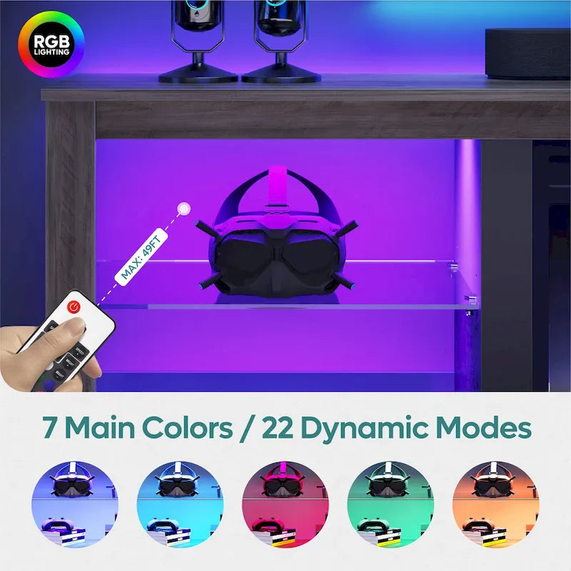Meuble TV LED avec étagères en verre trempé, placard ouvert et éclairage RGB