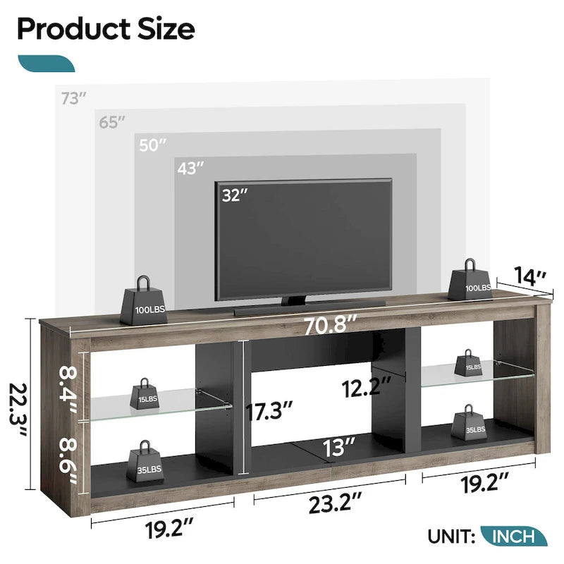 Meuble TV LED avec étagères en verre trempé, placard ouvert et éclairage RGB