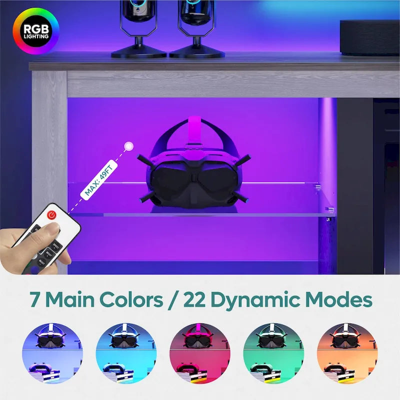 Meuble TV LED avec étagères en verre trempé, placard ouvert et éclairage RGB