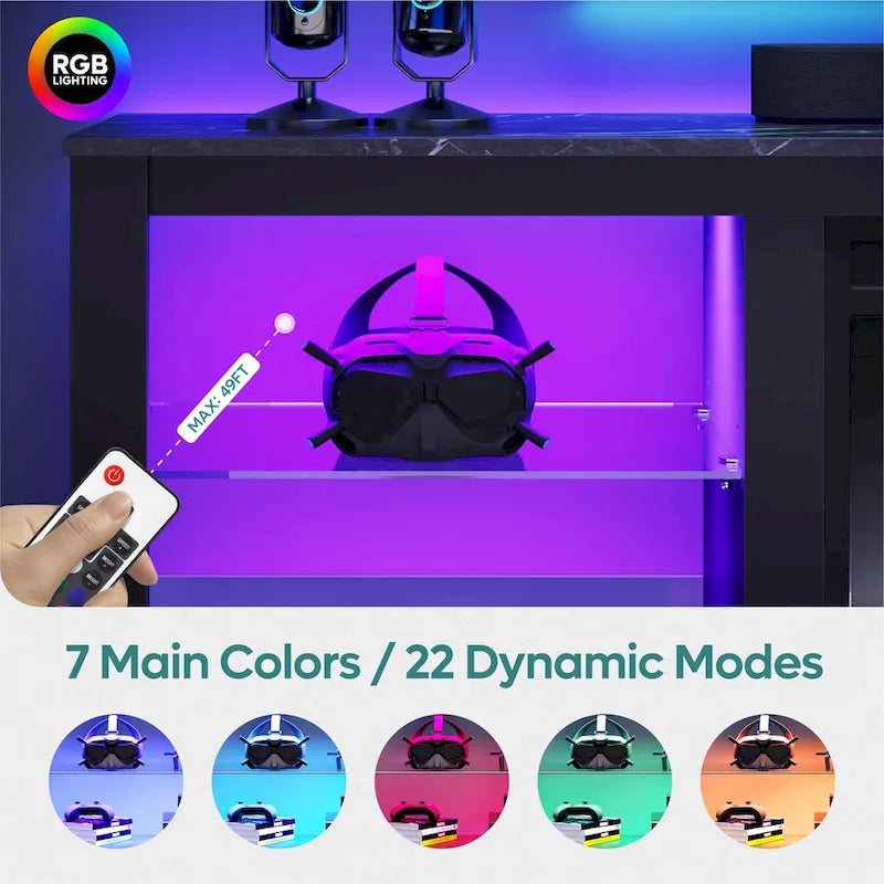 Meuble TV LED avec étagères en verre trempé, placard ouvert et éclairage RGB