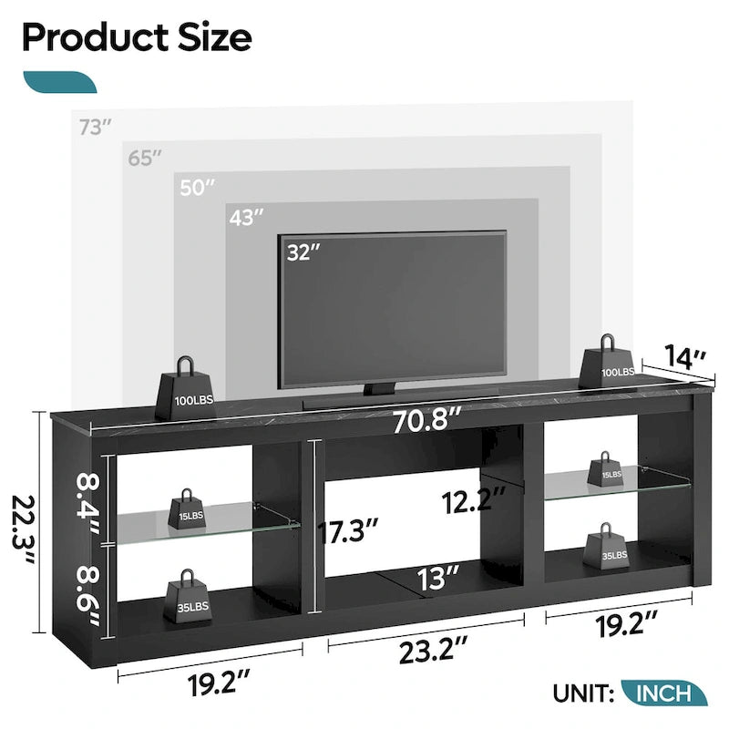 Meuble TV LED avec étagères en verre trempé, placard ouvert et éclairage RGB