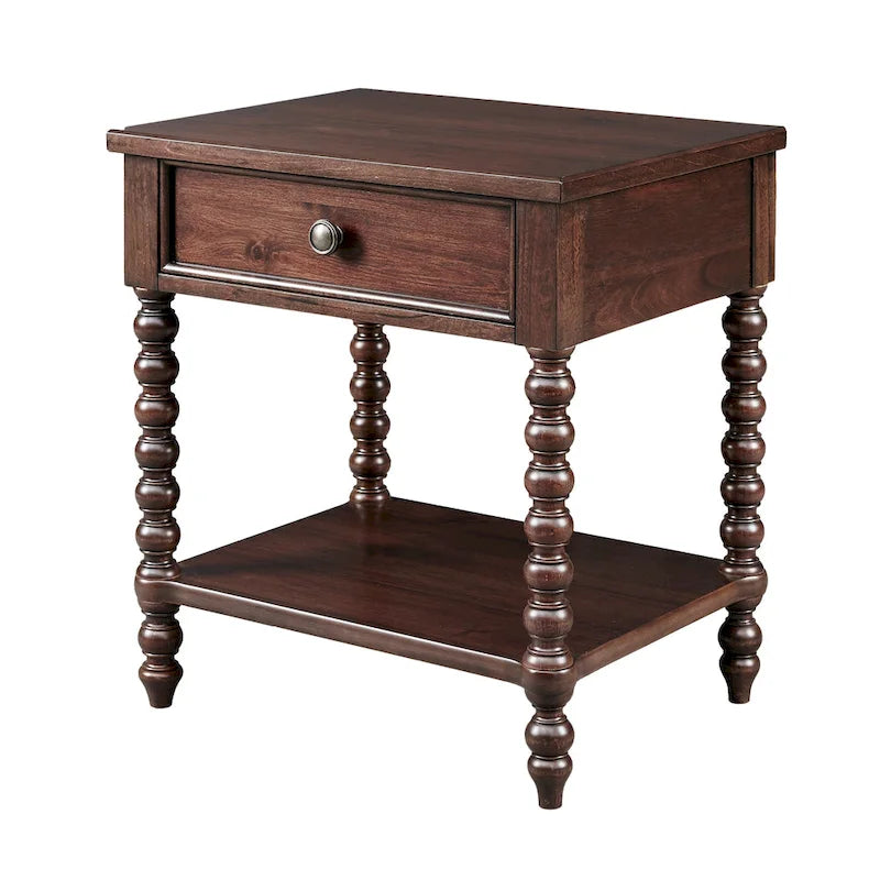 Table de chevet en fuseau de bois tourné avec tiroir, étagère ouverte, marron marocain, crème antique, naturel