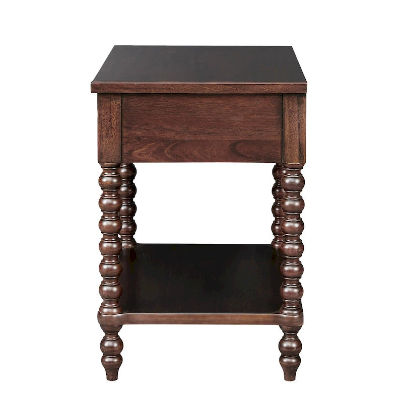 Table de chevet en fuseau de bois tourné avec tiroir, étagère ouverte, marron marocain, crème antique, naturel