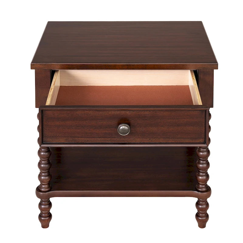 Table de chevet en fuseau de bois tourné avec tiroir, étagère ouverte, marron marocain, crème antique, naturel