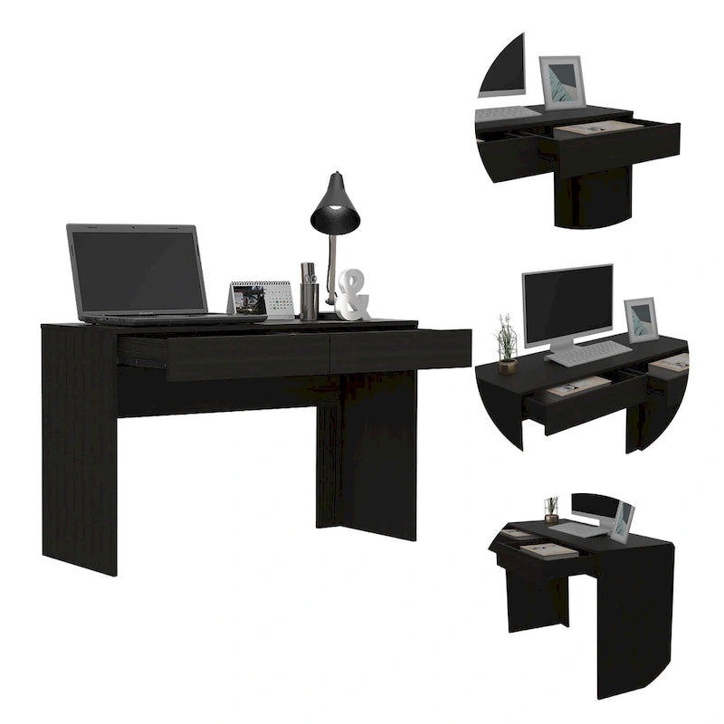 Bureau informatique 2 tiroirs sans poignée, noir, beige,, gris