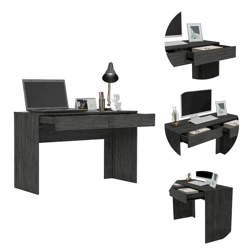 Bureau informatique 2 tiroirs sans poignée, noir, beige,, gris