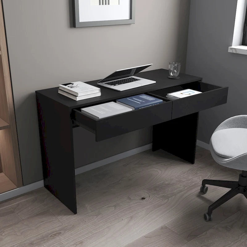 Bureau informatique 2 tiroirs sans poignée, noir, beige,, gris