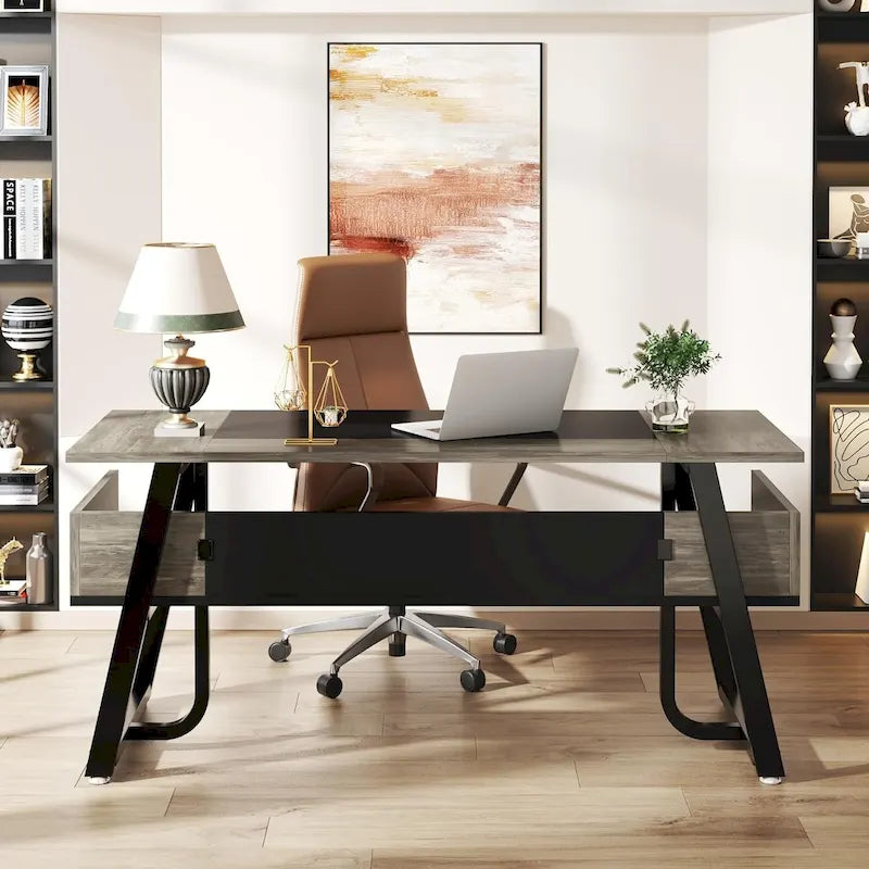 Grand Bureau de Direction 63 Pouces avec Étagère de Rangement, Gris et Marron